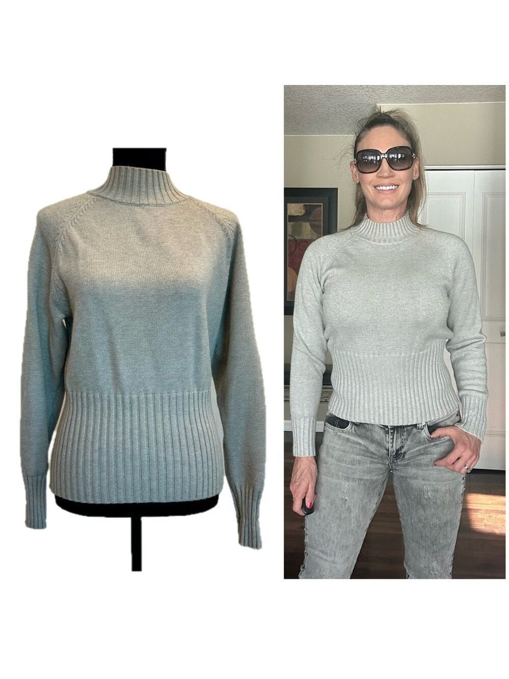 Suzy Shier Women’s Light Gray Ribbed Hem Mock Neck Sweater